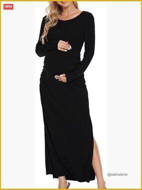 Maternity Long Sleeve Split Dress Ruched Casual Pregnancy Wear